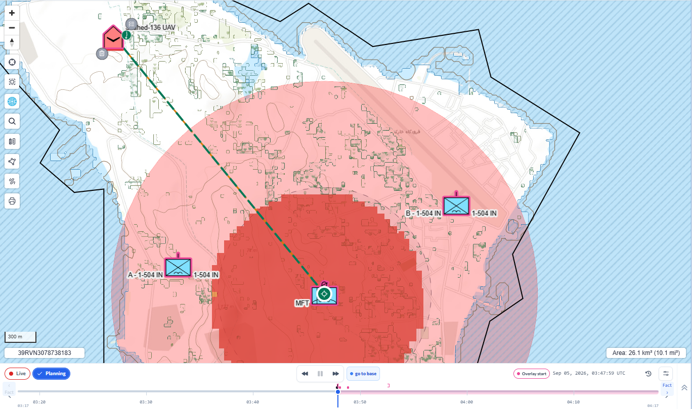Blue simulation platform displaying a geospatial map with operational units, coverage overlays, and a scenario timeline.